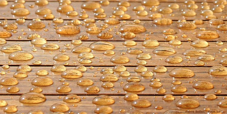 Gouttes d'eau apr�s la pluie sur une table r�cemment huil�e